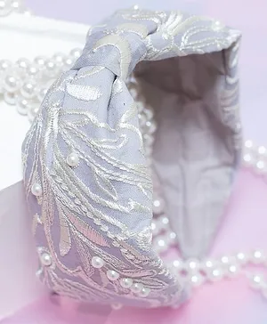 Ribbon Candy Pearl Detailed & Embroidered Embellished Hairband - Light Grey