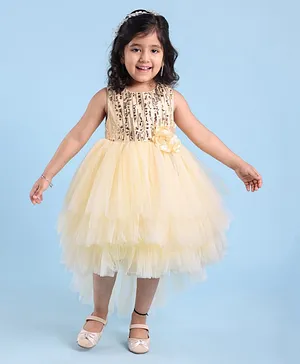 Babyhug Sleeveless Party Frock With Floral Corsage & Sequine Detailing - Yellow