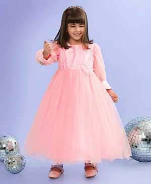 Babyhug Full Sleeves  Sequinned Party Frock with Floral Corsage - Peach