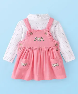 Babyhug Corduroy Frock with Full Sleeves Inner T-Shirt With Floral Embroidered - Peach  & White