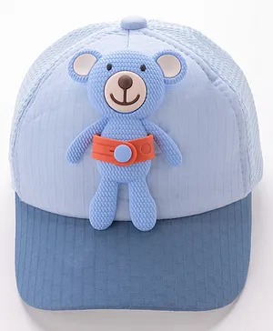 Babyhug Cotton Baseball Cap with Teddy Bear Applique-  Blue