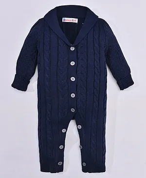 Kookie Kids Winter Wear Full Sleeves Romper With Cabel Knit Design - Navy Blue