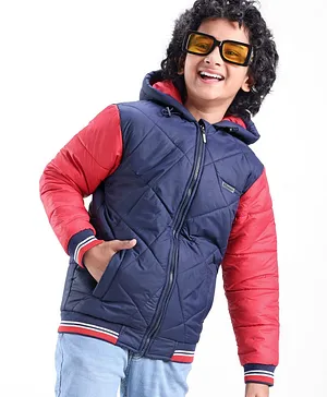Pine Kids Woven Full Sleeves Quilted Medium Winter Hooded Jacket - Navy Blue