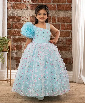 Ministitch One Shoulder Ruffled & Seamless 3D Flowers And Butterflies Embellished & Dobby Work Detailed Fit & Flare Ball Gown - Sky Blue