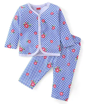 Babyhug 100% Cotton Full Sleeves T-Shirt & Lounge Pants With Floral Print & Checkered - Blue