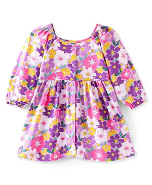 Babyhug Cotton Knit   Full Sleeves Frock Floral Print- Multicolour