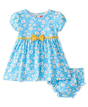 Babyhug Cotton Knit Half Sleeves Frock With Bloomer Floral Print - Blue