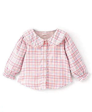 Babyhug Rayon Woven Full Sleeves Checked Top with Peter Pan Collar and Lace Detailing - Peach