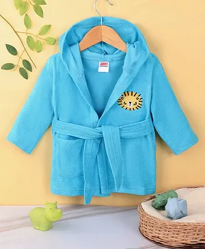 Babyhug Cotton Full Sleeves Hooded Bath Robe with Lion Embroidery - Blue