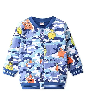 Babyhug Cotton Full Sleeves Bomber Jacket Monster Print - BLue