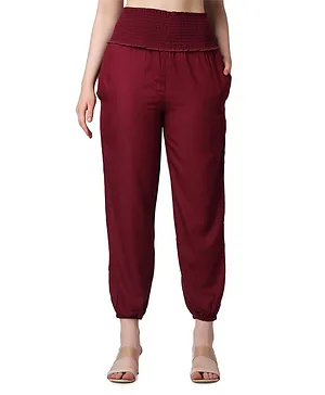 COLOR STUDIO Smocked Detailed  Maternity Solid Trouser - Maroon