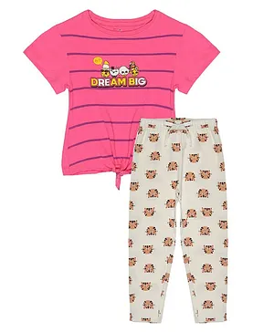 Young Birds Half Sleeves Striped & Dream Big Printed Tee With Cat Printed Pajama - Pink & White