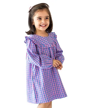 Campana 100% Cotton Full Sleeves Gingham Checkered & Frill Detailed A Line Dress - Pink & Blue