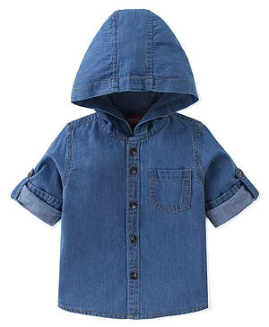 Babyhug 100% Cotton Woven Full Sleeve Denim Hooded Shirt With One Pocket Solid Color- Blue
