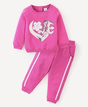 Babyhug Cotton Knit Full Sleeves Sweat Jacket & Lounge Pant Set Minnie Print - Lilac & White