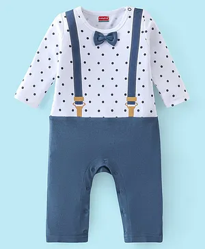 Babyhug 100% Cotton Interlock Knit Full Sleeves Romper With Bow Applique Polka Dot Print - Navy Blue