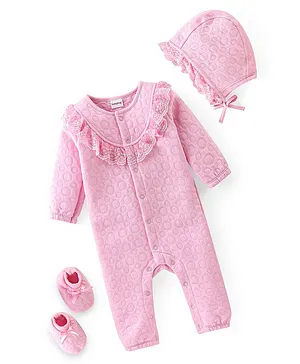 Babyhug Interlock Full Sleeves Romper With Cap & Booties Circles Print   - Pink
