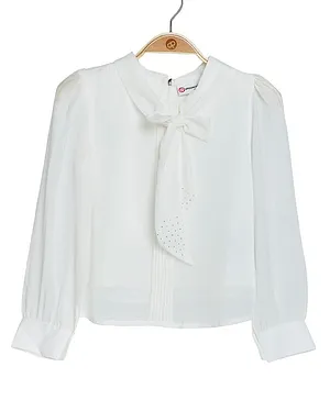 Peppermint Full Sleeves Pintucked & Stone Embellished Front Tie Up Top - White