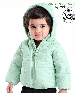 Babyoye Woven Knit Full Sleeves Jacket With Star Embroidery - Green
