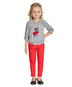 Peppermint Three Fourth Sleeves Striped And Cherry Hearts Sequin Embroidered Jegging Set - Red