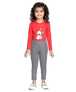 Peppermint Full Sleeves Bunny Patched Detailed Top And Hounds Tooth Designed Jegging Set - Red