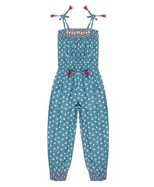 Young Birds 100% Cotton Chambray Full Length Jump Suit Floral Printed - Bonnie Blue