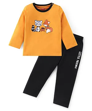 Babyhug Cotton Knit Full Sleeves Racoon Print T-Shirt & Lounge Pant Set - Yellow & Navy Blue