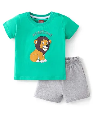 Babyhug 100% Cotton Knit Half Sleeves T-Shirt & Shorts With Lion Print - Green & Grey
