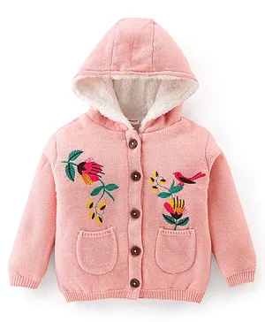 Babyhug Knitted Full Sleeves Hooded Sweater With Floral & Bird Design -Pink