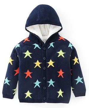 Babyhug Knitted Fleece Lined Full Sleeves Hooded Sweater With Star Print - Navy Blue