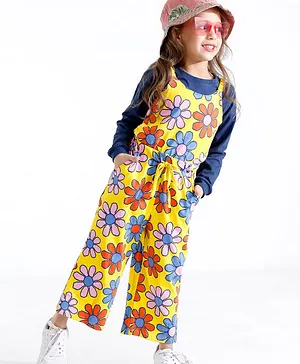 Ollington St. 100% Cotton Knit Dungarees With Full Sleeves T-Shirt Floral & Text Print - Yellow & Blue