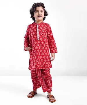 Babyhug 100% Cambric Full Sleeve Printed Kurta With Dhoti Set - Red