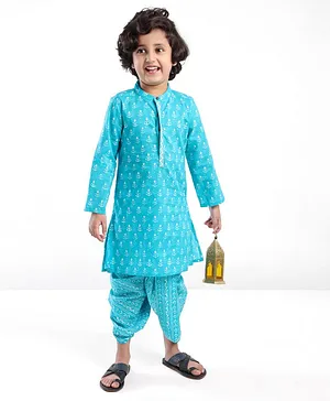 Babyhug 100% Cambric Full Sleeve Printed Kurta With Dhoti Set - Blue