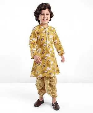 Babyhug 100% Cambric Full Sleeve Printed Kurta With Dhoti Set - Mustard