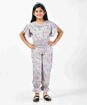 Bella Moda Flutter Half Sleeves Paisley & Floral Printed Top With Coordinating Pant - Grey
