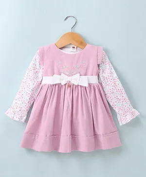 ToffyHouse Cotton Corduroy Embroidered Frock with Full Sleeves Printed Inner Tee - Pink
