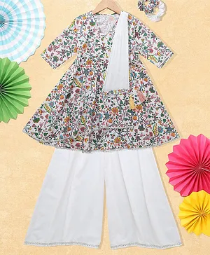 Nino Bambino 100% Cotton Half Sleeves Floral Swirl Printed Angrakha Style Kurta With Palazzo & Dupatta - White