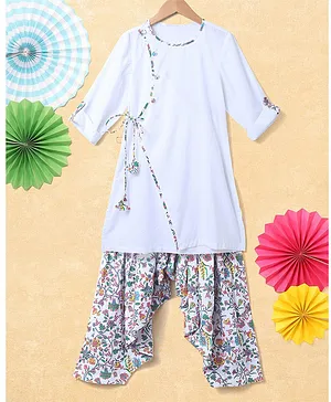 Nino Bambino 100% Cotton Three Fourth Sleeves Angrakha Style Kurta With Floral Swirl Printed Draped Salwar - White