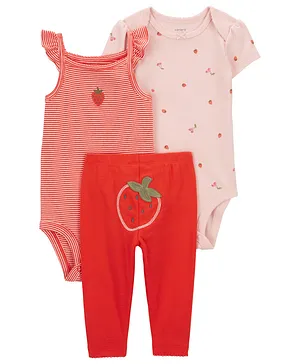 Carter's Cotton Blend Striped Onesie & Leggings Set Strawberry Print & Embroidery - Red