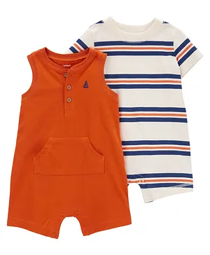 Carter's Cotton Blend Half Sleeves Striped Rompers Pack of 2 - Orange & White