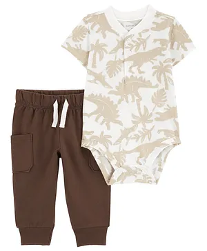 Carter's Cotton Blend Half Sleeves Dino Printed Onesie with Pajama Set - Brown & White