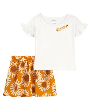 Carter's Cotton Blend Half Sleeves Top & Floral Printed Skirt Set - White & Yellow