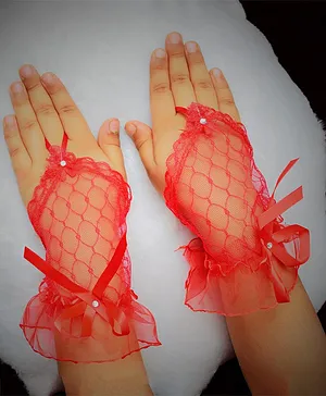 Tipy Tipy Tap Stone Embellished Bow Detailed No Finger Hand Lace Gloves - Red
