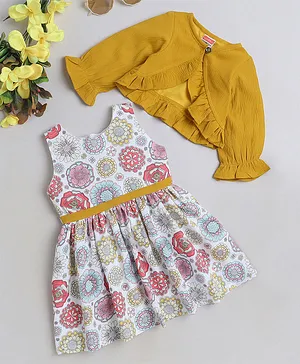 Twetoons Woven Full Sleeves Shrug & Frock With Floral Print - Mustard & White