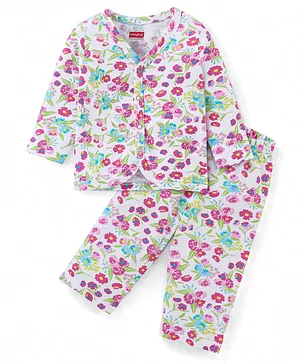 Babyhug Cotton Knit Full Sleeves Shirt & Pyjama Set Floral Print - White