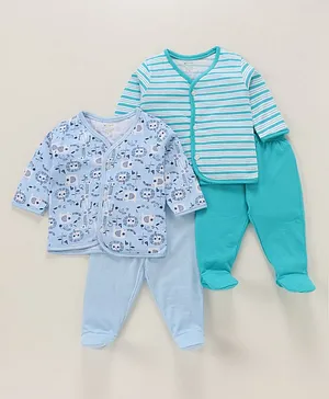 OHMS Cotton Jersey Knit Full Sleeves Night Suit Stripes & Animals Print Pack of 2 - Blue & Green