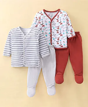 OHMS Cotton Jersey Knit Full Sleeves Night Suit Stripes & Deer Print Pack Of 2 - Grey & Red