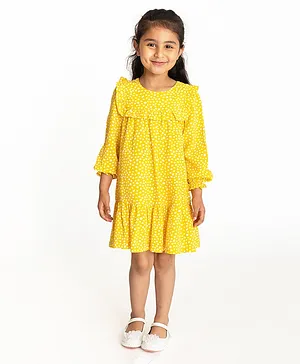 Campana Full Sleeves Polka Dots Printed & Frilled Detailed Flared Dress - Yellow