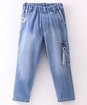 Little Kangaroos 100% Cotton Full Length Baggy Fit Washed Denim Jeans - Light Blue