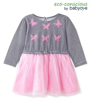 Babyoye Cotton Full Sleeves Party Wear Frock Striped with Butterfly Applique - Pink